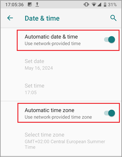 The Mobile Authenticator date & time settings on Android. 